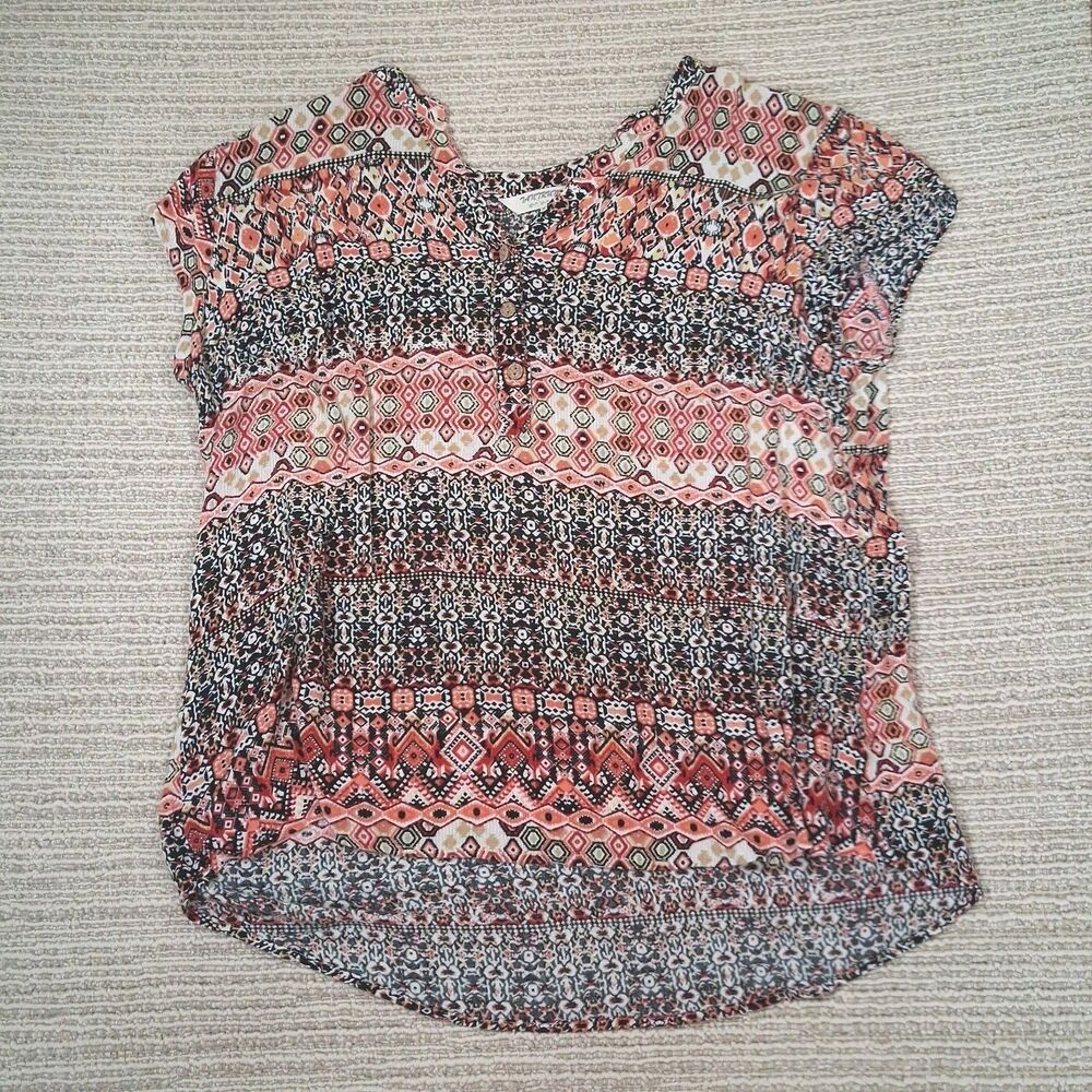 Tantrums Women's Boho Coral Aztec Geometric Short Sleeve Blouse Size L Pink